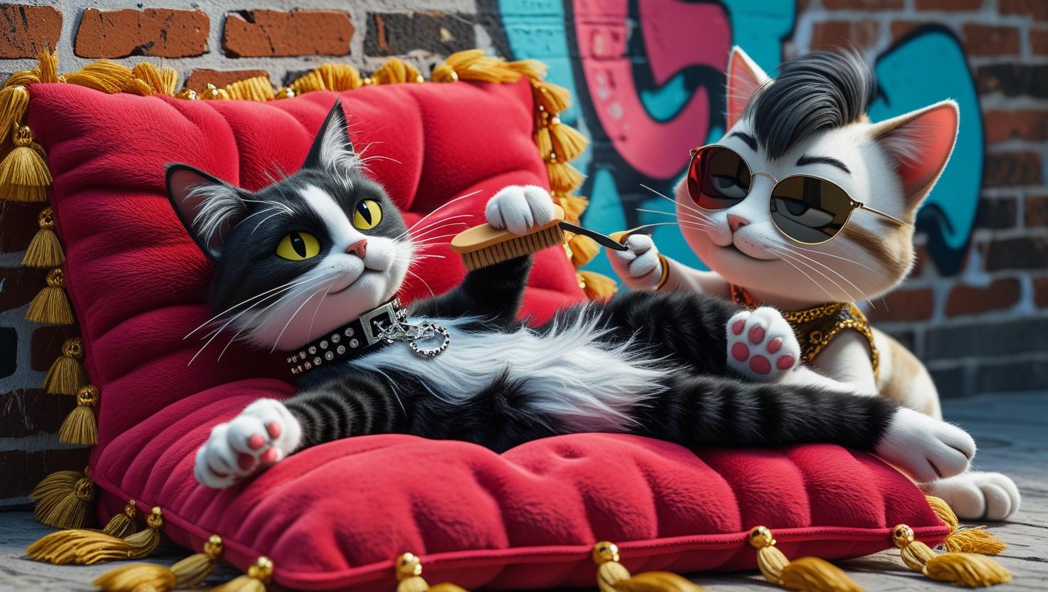 A punk rock tuxedo cat, with four paws, sporting a miniature studded collar_20250819_130654_0000 Retro Barbershop